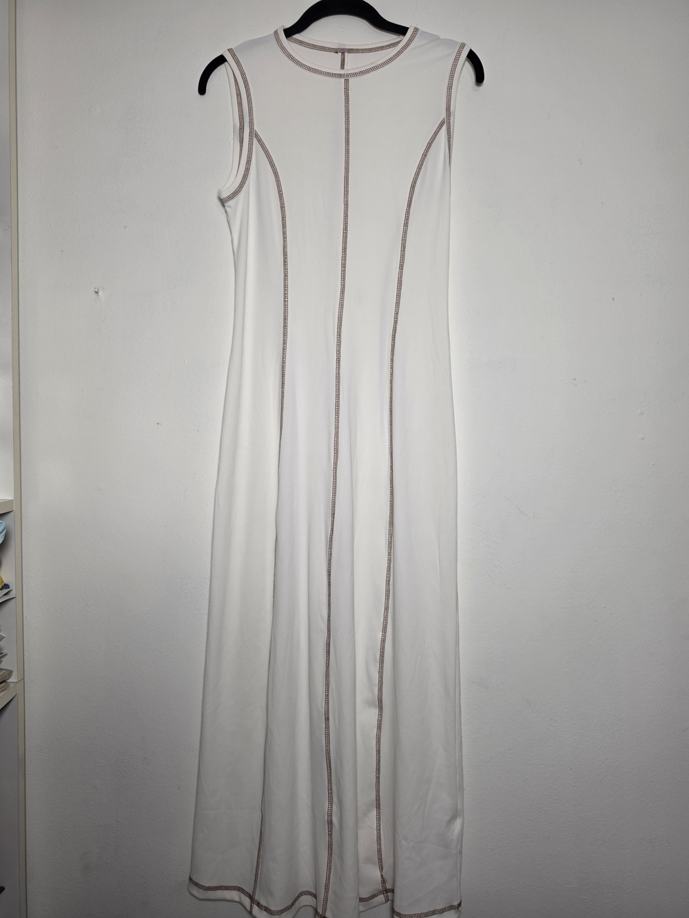 Sleeveless Cream Ribbed Maxi Dress with Brown Contrast Seam Detail Small